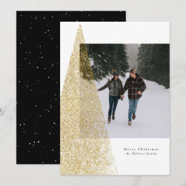 Modern julgran i falskt guld på svart-vit julfoto julkort