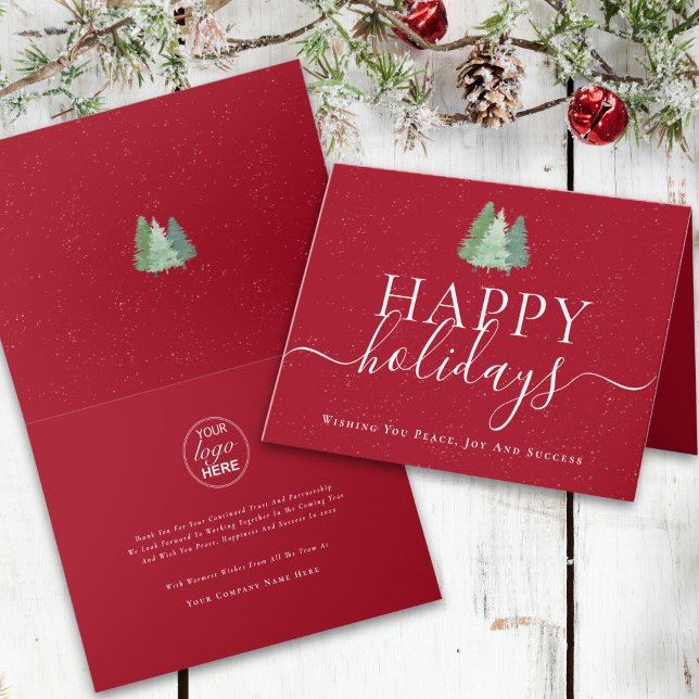 Modern julgran logotyp röd näringsliv helgkort (Modern elegant corporate Christmas trees happy holidays business logo folded card)