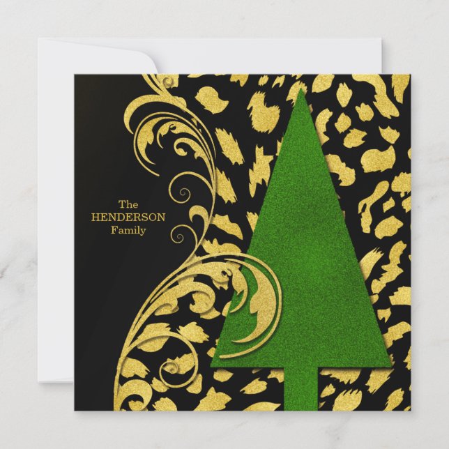 Modern Julgran med Guld och svart Helgdag Julkort (Framsida)