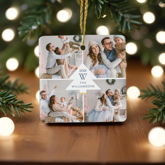 Modern Julgran Monogram Fyra foto-familj Julgransprydnad Keramik (Modern Christmas Tree Monogram Four Photo Family Ceramic Ornament)