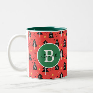 Modern Julgran Mönster Red Orange Monogram Två-Tonad Mugg