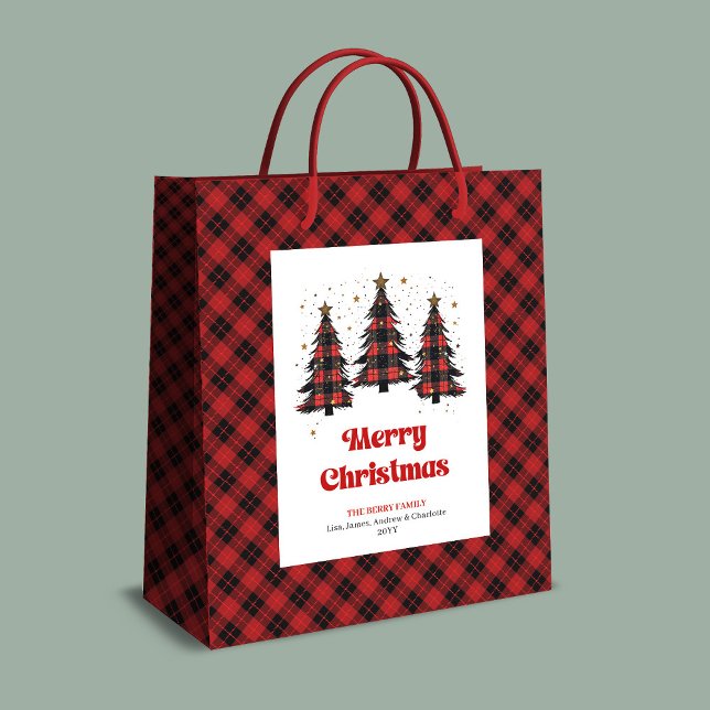 Modern julgran presentpåse med buffelmönster namn (Modern buffalo plaid Christmas tree gift bag name)