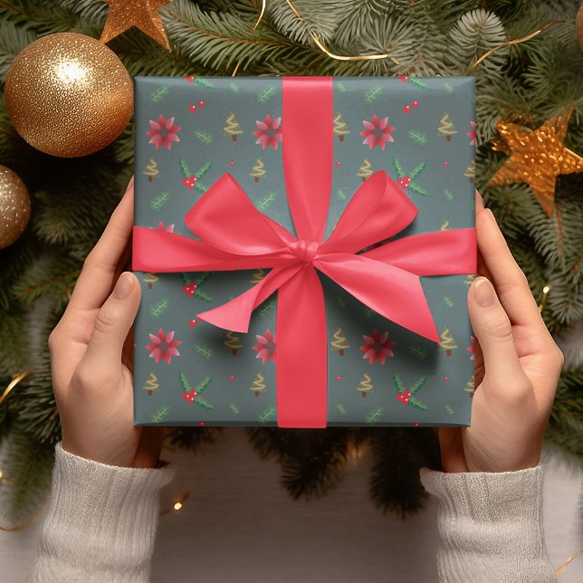 Modern Julgran & Red Flowers-gåva Presentpapper (Skapare uppladdad)