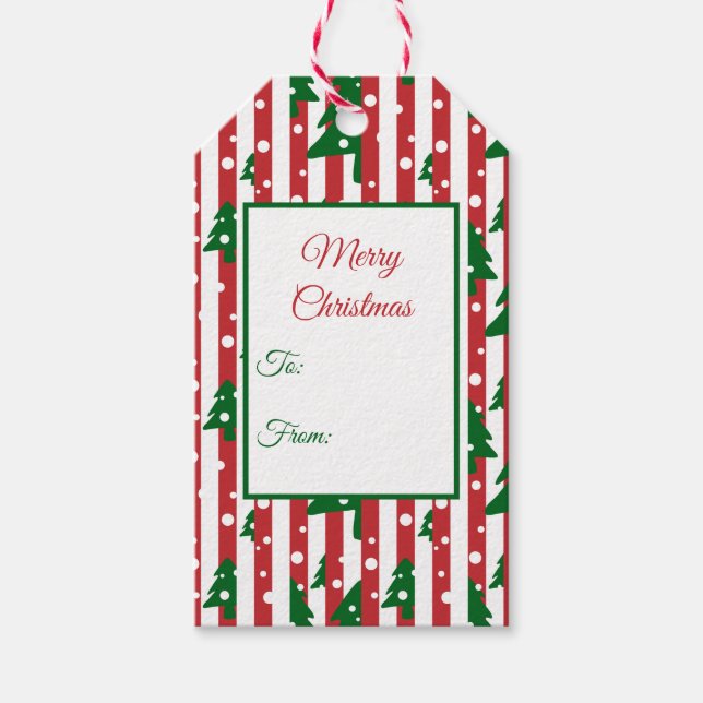 Modern Julgran Red Grönt Stripe mönster Presentetikett (Framsidan)