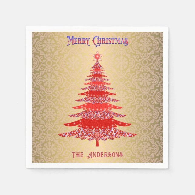 Modern Julgran Red Guld Namn Ornaments Pappersservett (Framsidan)