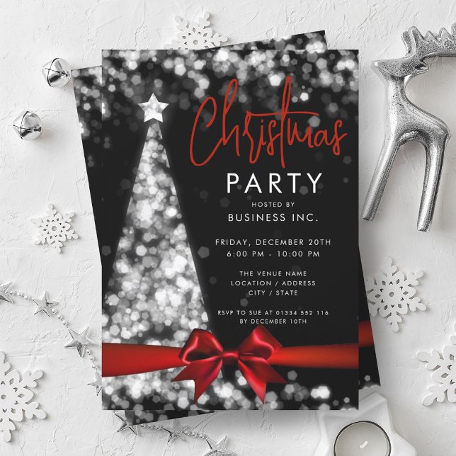 Modern Julgran Red Silver Corporate Party Inbjudningar (Modern Christmas Tree Red Silver Corporate Party Invitation)