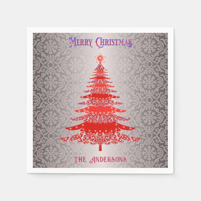 Modern Julgran Red Silver Namn Ornaments Pappersservett (Framsidan)