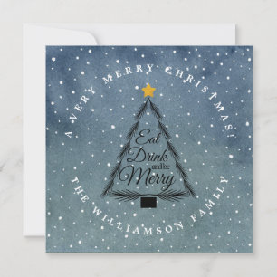 Modern Julgran Snowfall Mörk blått Julkort