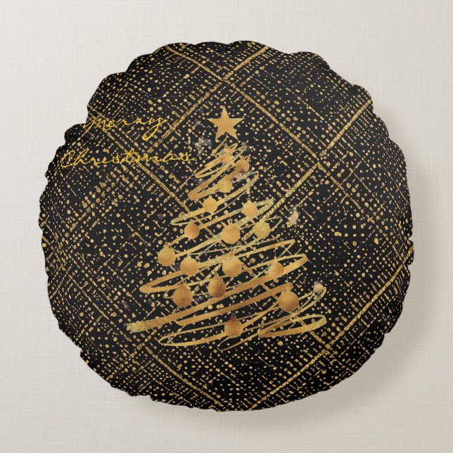 Modern, julgran, svart guld korsmönster  rund kudde (Framsidan)