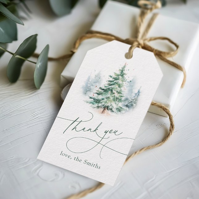 Modern julgran tackkort med skript presentetikett (Modern Script Christmas Tree Thank You Gift Tags)
