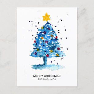 Modern Julgran Watercolor Blue Helg Vykort