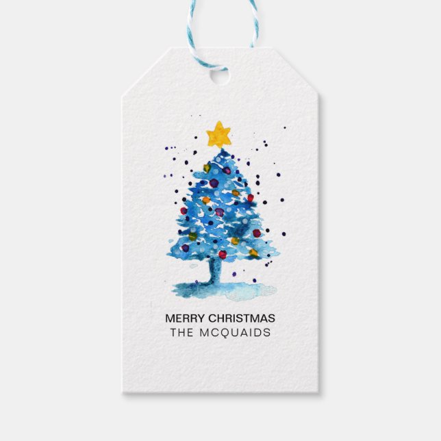 Modern Julgran Watercolor Blue Presentetikett (Framsidan)