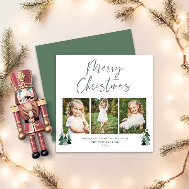 Modern Julgranar Helgdag 3-foto Julkort (Modern Christmas Trees Holiday 3 Photo Square Card)