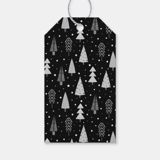 Modern Julgranar Mönster Silver Grått Black Presentetikett (Framsidan)