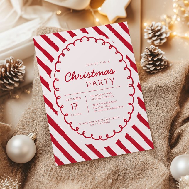 Modern julgrans tema julfest inbjudan (Retro Candy Cane Whimsical Striped Christmas party invitation)
