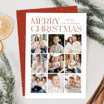 Modern julklapp 9 Photo Collage Julkort<br><div class="desc">Modern julfotokort med "God jul" som visas överst i trendiget med rostbokstäver med vit bakgrund. En fotokollage med 9 foton visas nedan i en rutnätslayout för stil. Anpassa multifotojulkortet med din familj namn. Kortet återgår till visningen med en rosa bakgrund med subtila vita prickar (snö).</div>