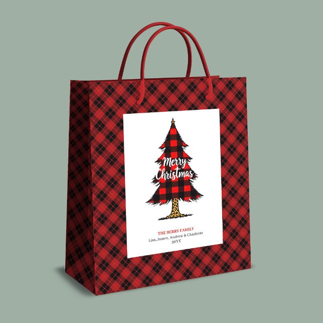 Modern julklappspåse med buffelmönster, redigerbar (Modern buffalo plaid Christmas gift bag editable)