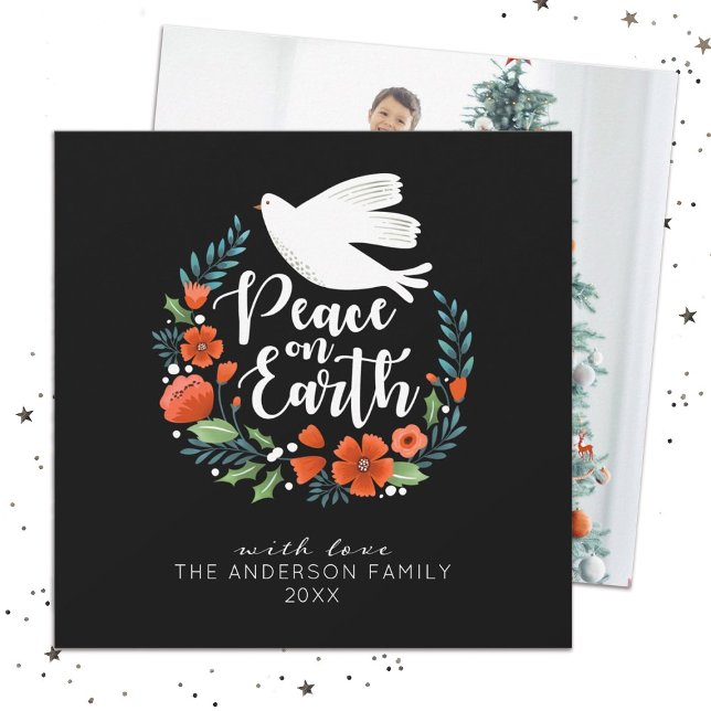 Modern Julkort Glad Jul Semesterkort (An elegant Family Photo Christmas card with the words, Peace on Earth)