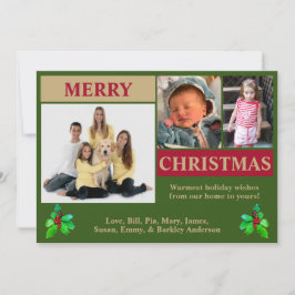 Modern julkort med 3 bilder i grönt, rött och guld