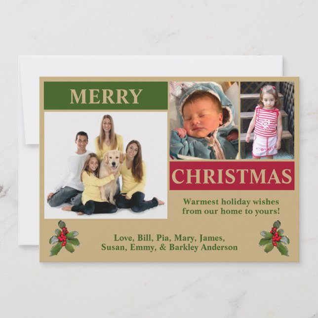 Modern julkort med 3 bilder i guld, grönt och rött (Framsida)