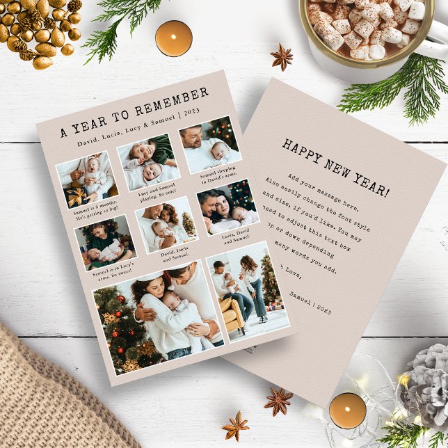 Modern julkort med fotokollage (Tan and Black A Year To Remember Photo Collage Christmas Holiday Year In Review Cards)