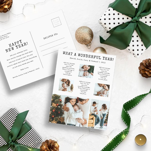 Modern julkort med fotokollage helg vykort (What A Wonderful Year Photo Collage Holiday Christmas Postcard)