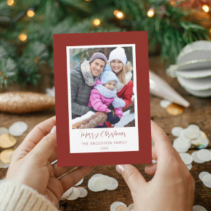 Modern julkort med röd ram för familjefoto inbjudningar