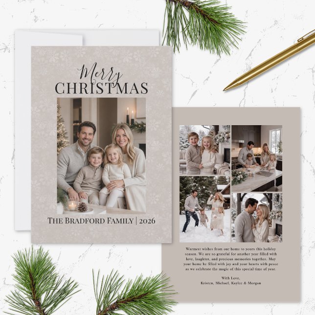 Modern julkort med snöflinga för familjefoto (elegant merry christmas family photo holiday card with modern typography, script and 4 photo collage)