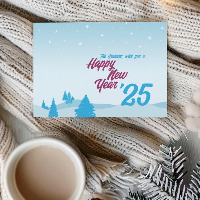 Modern julkort nyår gratulationskort utan foto (Illustrative Happy New Year flat greeting card with winter scenery of trees and stars.)