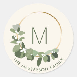 Modern julkrans | Monogram | Familj namn Runt Klistermärke
