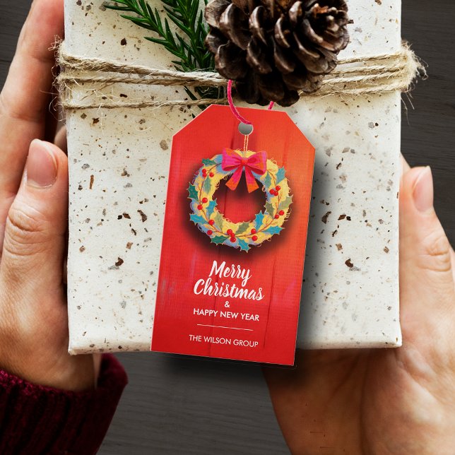 Modern julkrans  presentetikett (Modern wreath Merry Christmas & Happy New Year favor gift tags)