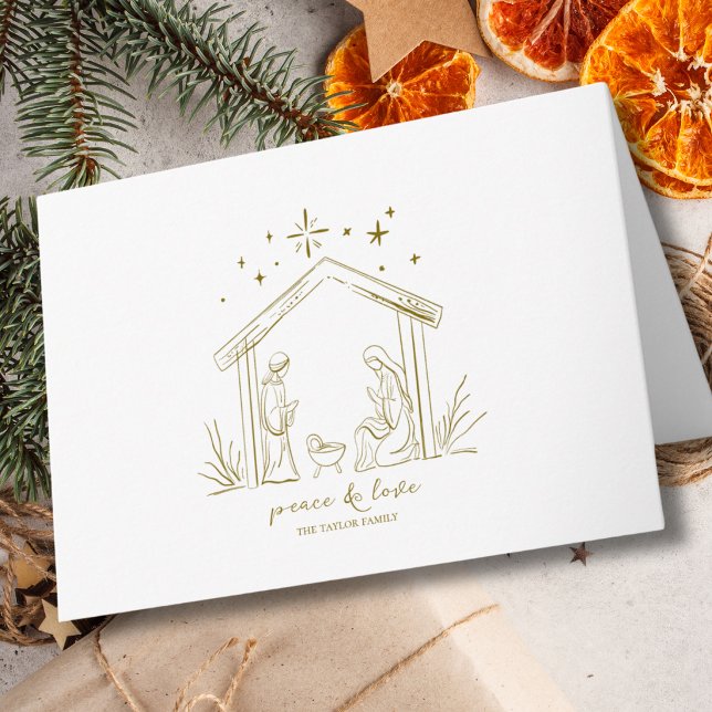 Modern julkrubba fred kärlek religiös  helgkort (modern elegant peace love personalized custom Christmas nativity gold folded holiday card)