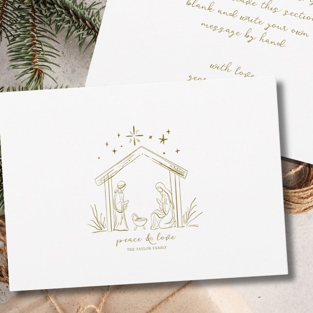 Modern julkrubba fred kärlek religiös  julkort (modern elegant peace love gold Christmas Nativity personalized custom holiday card )