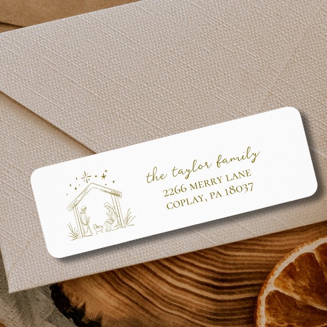 Modern julkrubba fred kärlek religiös  returadress etikett (modern elegant gold Christmas nativity religious personalized custom return address label stickers )