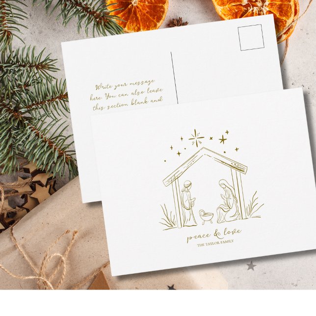 Modern julkrubba fred kärlek religiös  vykort (modern elegant gold peace love Christmas Nativity holiday personalized custom postcard )