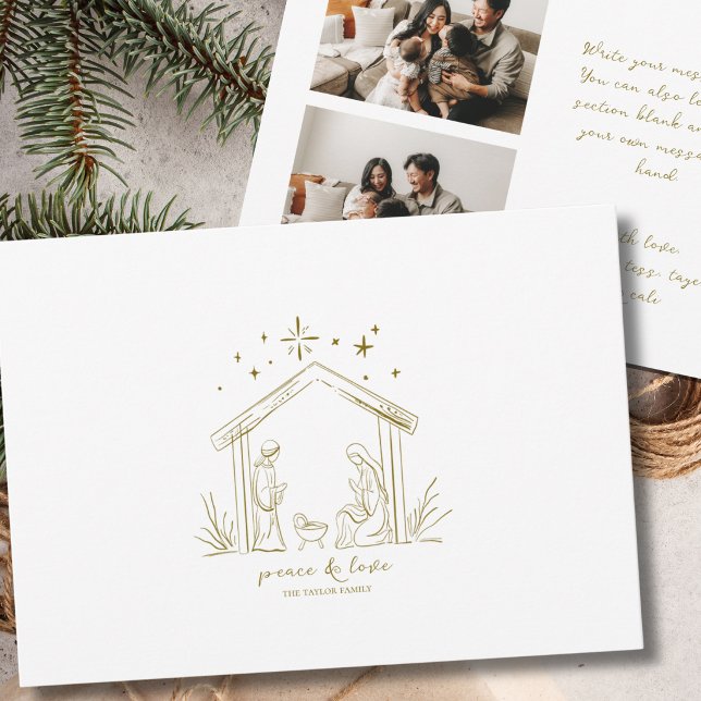 Modern julkrubba fred religiös Foto Julkort (modern elegant peace gold personalized custom family photo Christmas Nativity holiday card -2 photos)