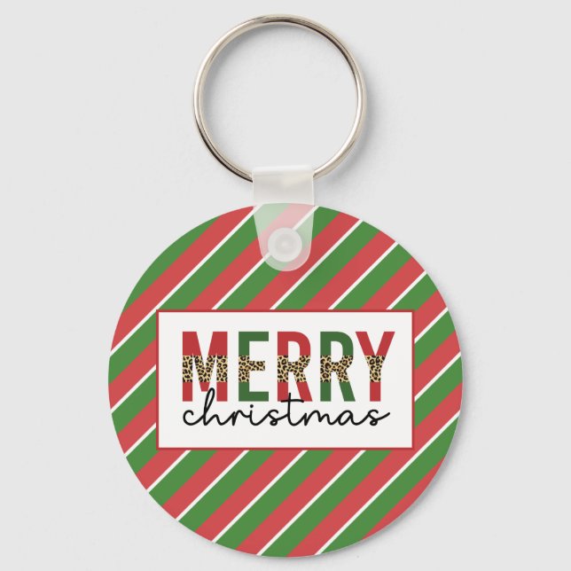 Modern julleopard Skriv ut Red Grönt Rand Nyckelring (Framsida)