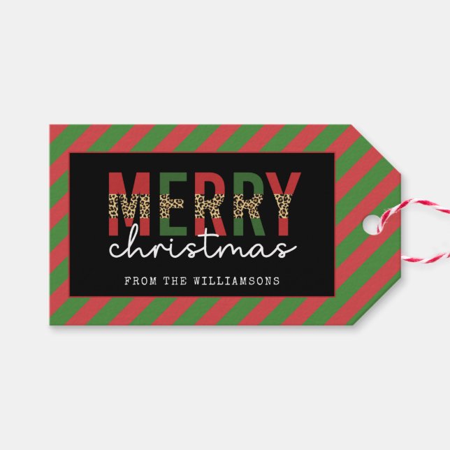 Modern julleopard Skriv ut Red Grönt Rand Presentetikett (Framsidan (Horizontal))