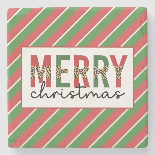 Modern julleopard Skriv ut Red Grönt Rand Stenunderlägg (Framsidan)