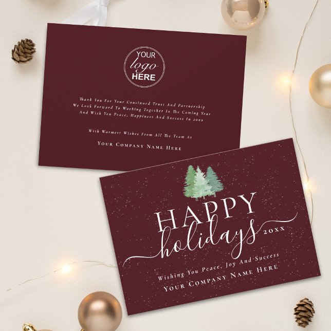 Modern JulLogo för Företag Julkort (Corporate happy holidays company logo Xmas trees elegant script burgundy business holiday flat card)