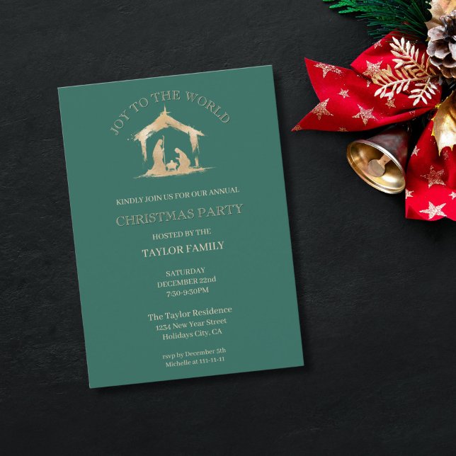 Modern julmiddag Party Religiösa Nativitet Julkort (religious christmas family party invitation with green background and gold nativity scene)