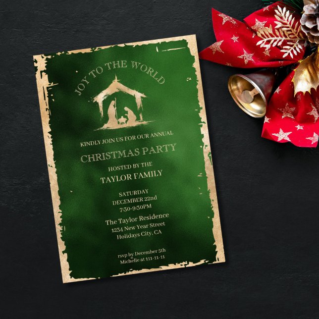 Modern julmiddag Party Religiösa Nativitet Julkort (gold nativity mery and joseph scene, green background
)