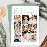 Modern Julmint Grönt 9 Fotokollage Julkort<br><div class="desc">Modern julfotokort med "God jul" som visas överst på designen i trendigets myntskrift med vit bakgrund. En fotokollage med 9 foton visas nedan i en rutnätslayout för stil. Anpassa multifotojulkortet med din familj namn. Kortet återgår till visningen med en mint grönt med subtila vita punkter (snö).</div>