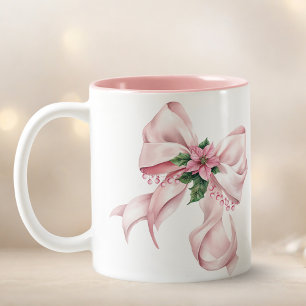 Modern julnamn med rosa band poinsettia Två-Tonad mugg