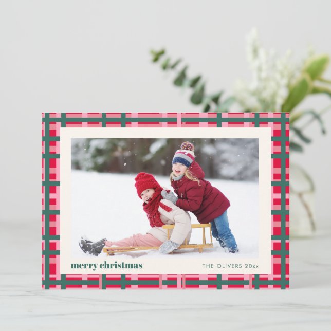 Modern julplaid röd grön två bilder julkort (Stående Fram)