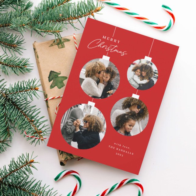 Modern julprydnad 4 foto julkort (Modern Red and White Christmas Ornament 4 Photo Collage Holiday Cards.)