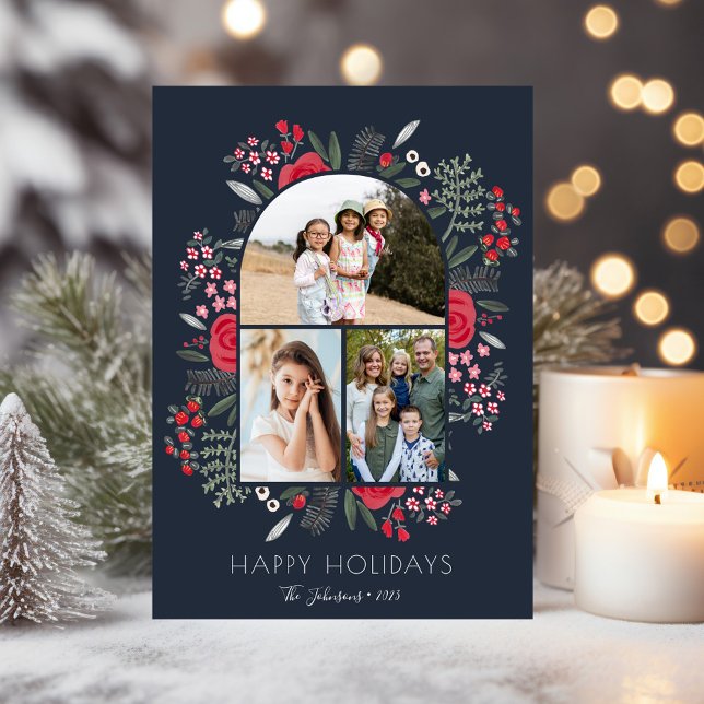Modern julrams bild Familj Blommig 3 Foto Julkort (Modern Arch Frame Floral Family Christmas 3 Photo Holiday Card)