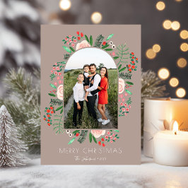 Modern Julrams Floral Familj Christmas Foto Julkort