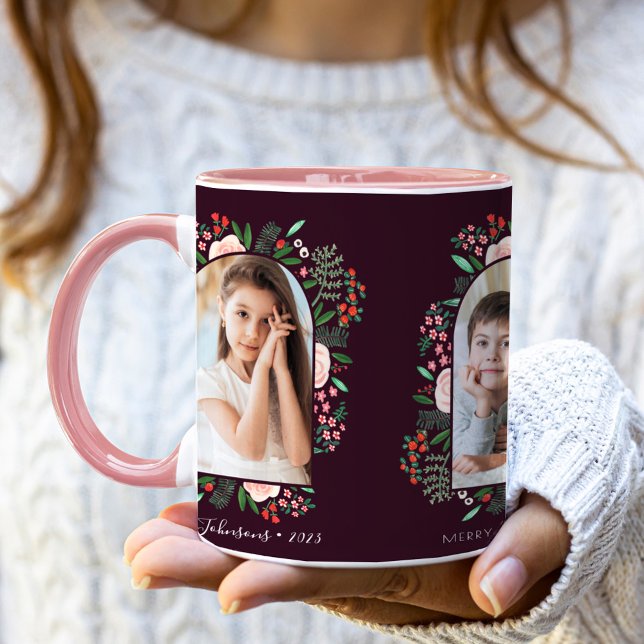 Modern Julrams Floral Merry Christmas Foto Mugg (Modern Arch Frame Floral Merry Christmas Photo Mug)