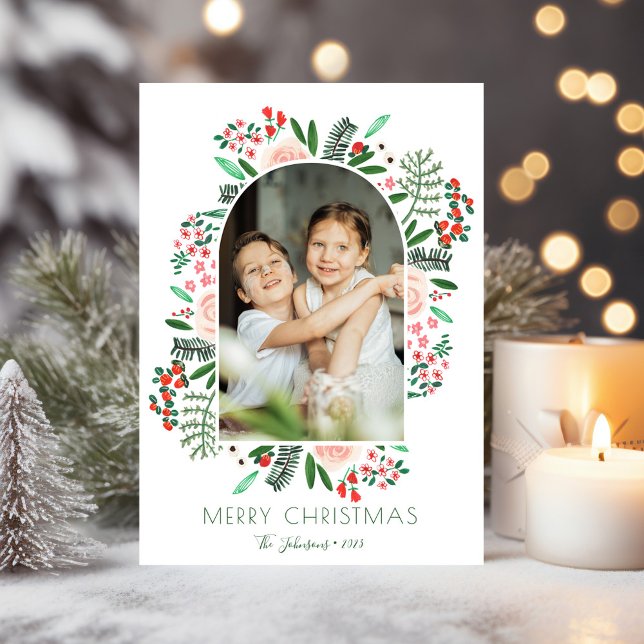 Modern julramsbild med blomstermotiv och familj julkort (Modern Arch Frame Floral Family Christmas Photo Holiday Card)